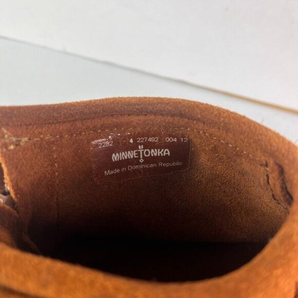 Minnetonka Moccasin Shoes Womens 4 Brown Fringe Back Zip Moc Ankle Suede Flats - Picture 4 of 12